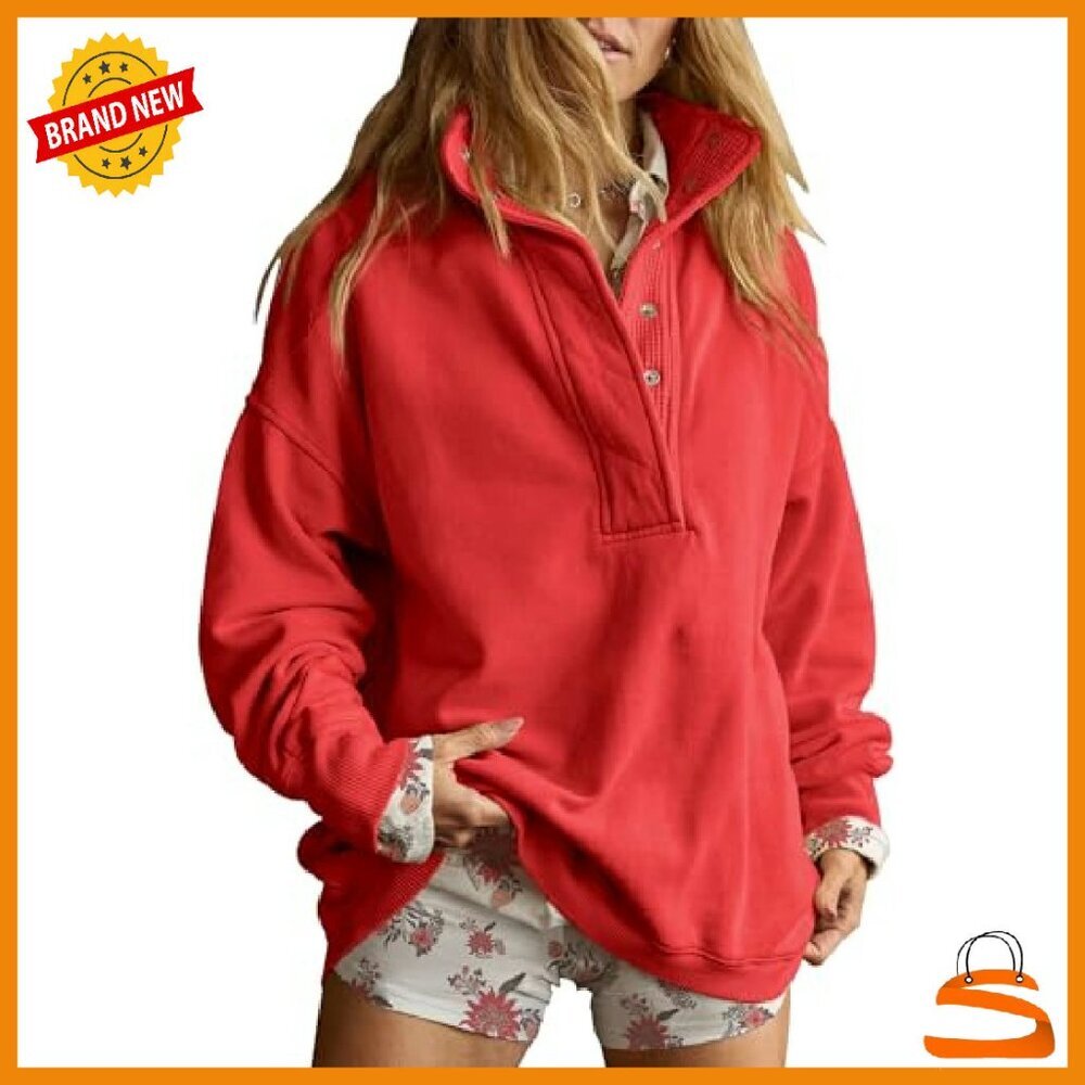 Oversized Henley Sweatshirt Women's Long Sleeve Button Pullover Casual - Picture 2 of 8